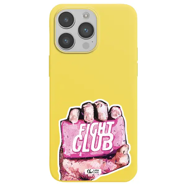 a hand holding a pink bag Apple iPhone 14 pro Silicone canary yellow Case