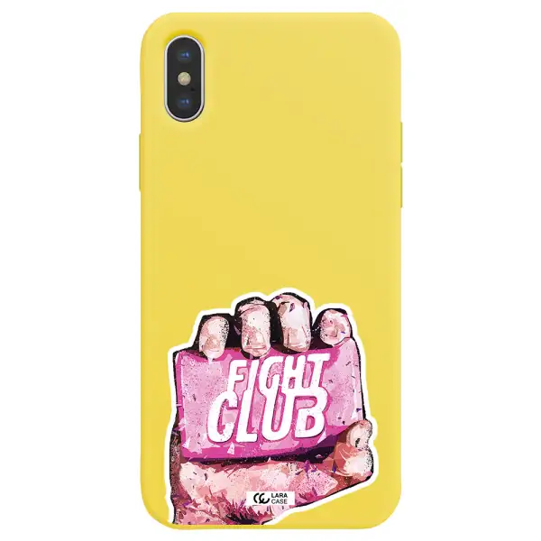 a hand holding a pink bag Apple iPhone XS Silicone canary yellow Case