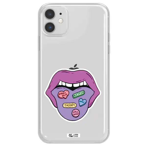a purple lips with different colored hearts on it Apple iPhone 11 Clear TPU Case