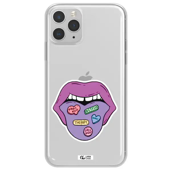 a purple lips with different colored hearts on it Apple iPhone 11 pro Clear TPU Case