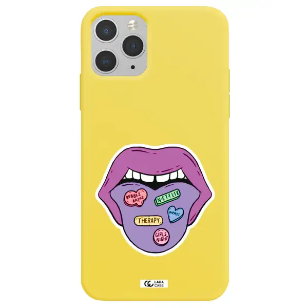 a purple lips with different colored hearts on it Apple iPhone 11 pro max Silicone canary yellow Case