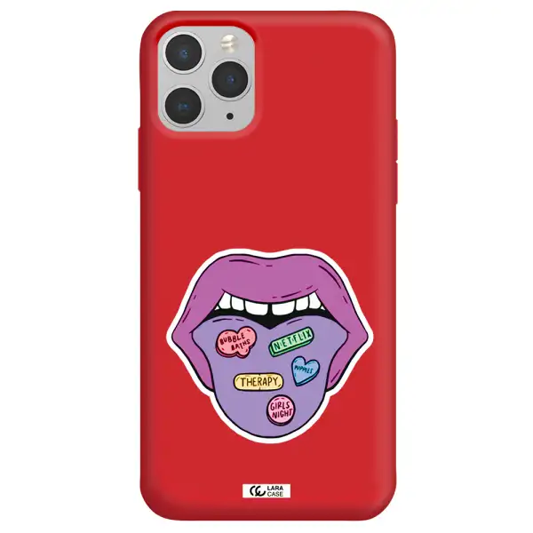 a purple lips with different colored hearts on it Apple iPhone 11 pro Silicone Imperial Red Case