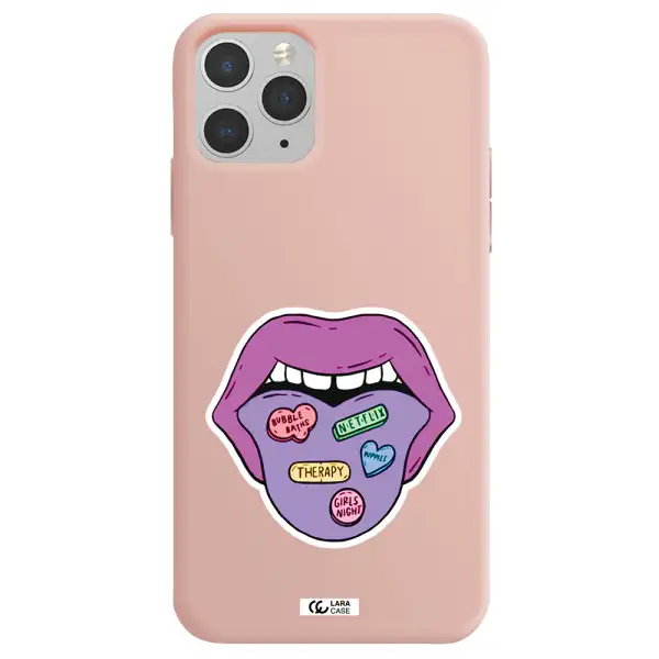 a purple lips with different colored hearts on it Apple iPhone 11 pro Silicone pastel pink Case