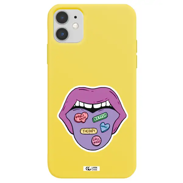 a purple lips with different colored hearts on it Apple iPhone 11 Silicone canary yellow Case