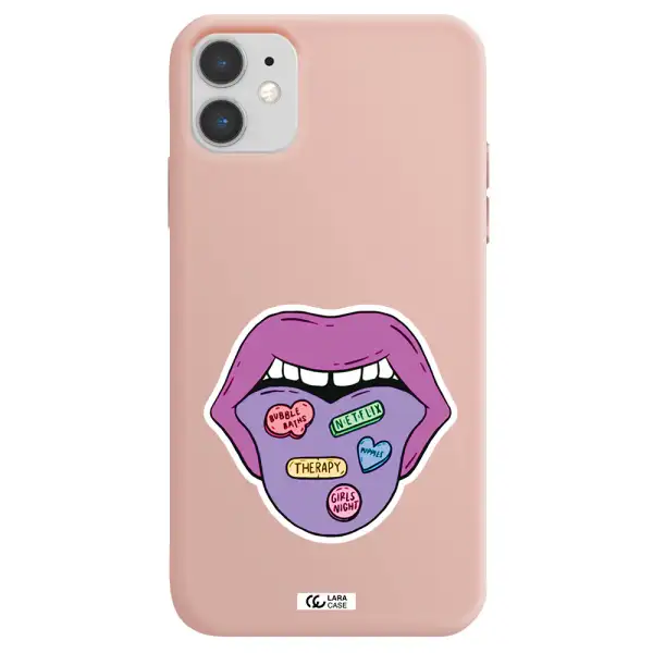 a purple lips with different colored hearts on it Apple iPhone 11 Silicone pastel pink Case