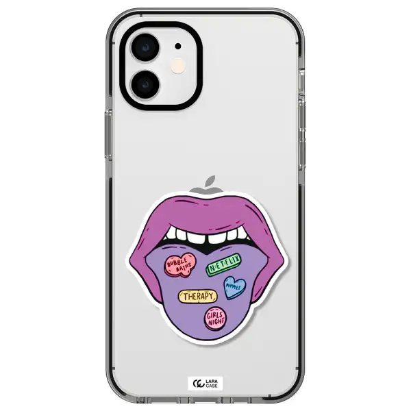 a purple lips with different colored hearts on it Apple iPhone 12 impact black border Case