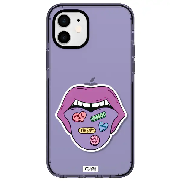a purple lips with different colored hearts on it Apple iPhone 12 impact Lilac Case