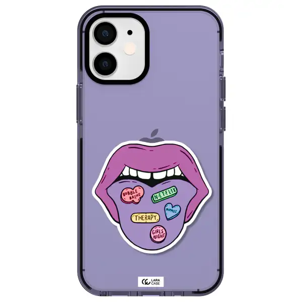 a purple lips with different colored hearts on it Apple iPhone 12 mini impact Lilac Case