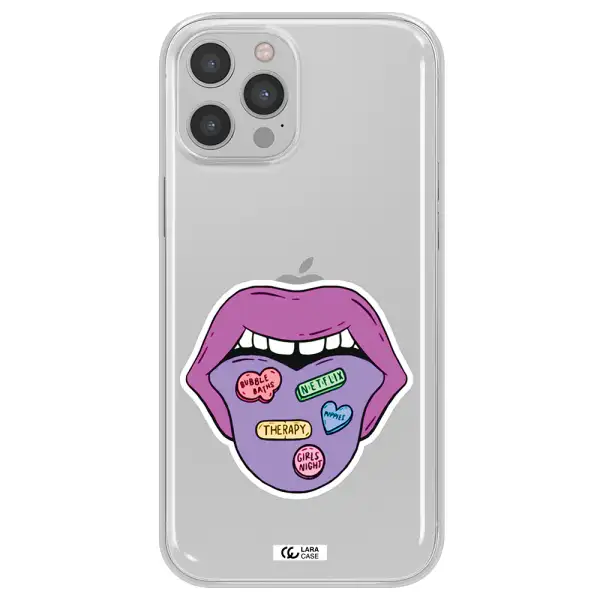 a purple lips with different colored hearts on it Apple iPhone 12 pro Clear TPU Case