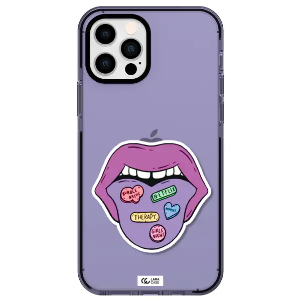 a purple lips with different colored hearts on it Apple iPhone 12 pro impact Lilac Case
