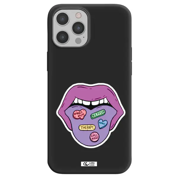a purple lips with different colored hearts on it Apple iPhone 12 pro max Silicone black Case