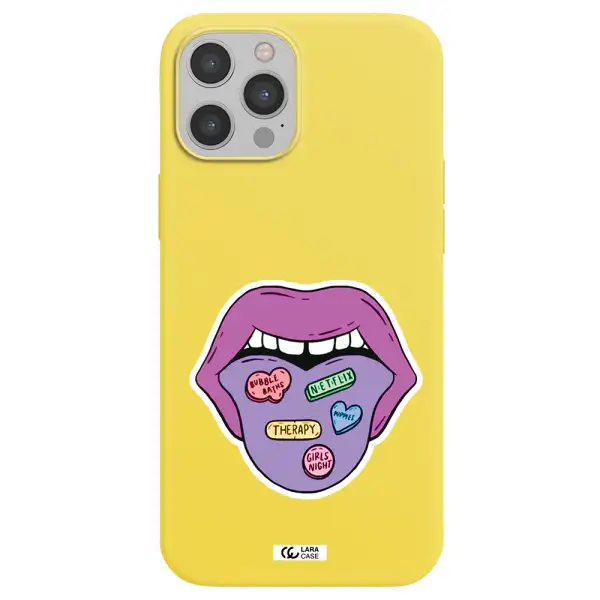 a purple lips with different colored hearts on it Apple iPhone 12 pro max Silicone canary yellow Case