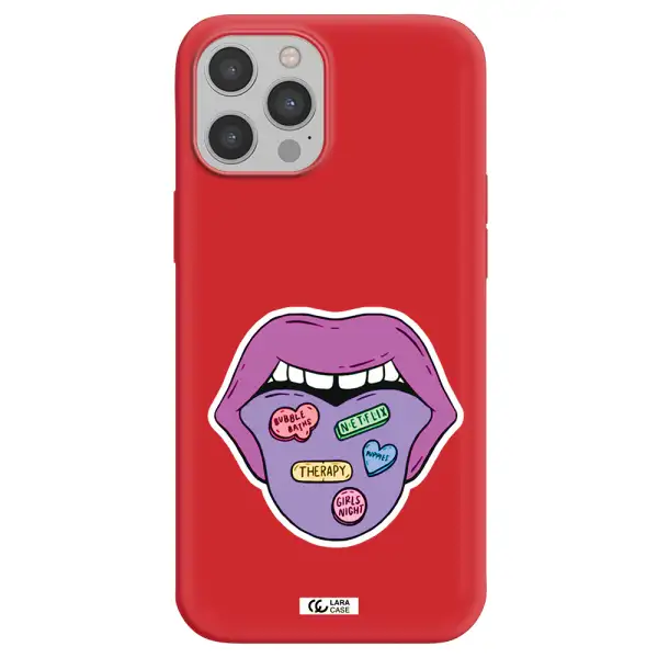 a purple lips with different colored hearts on it Apple iPhone 12 pro max Silicone Imperial Red Case