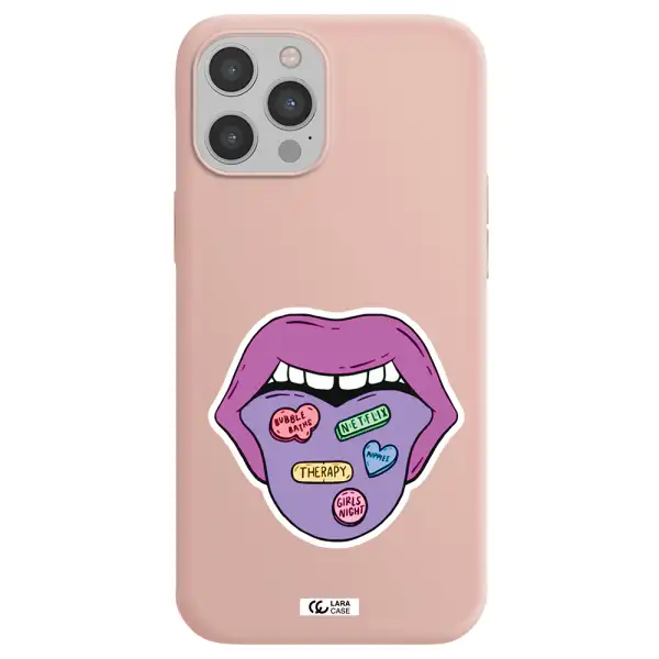 a purple lips with different colored hearts on it Apple iPhone 12 pro max Silicone pastel pink Case