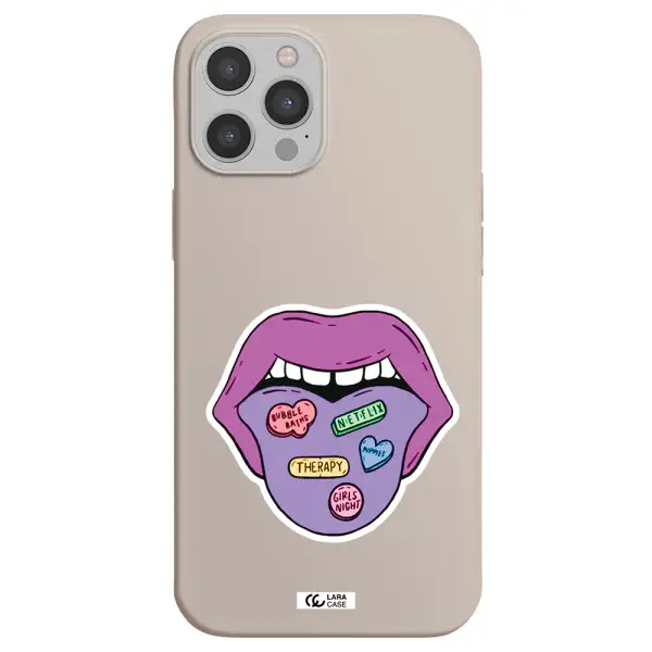 a purple lips with different colored hearts on it Apple iPhone 12 pro max Silicone Stone Case