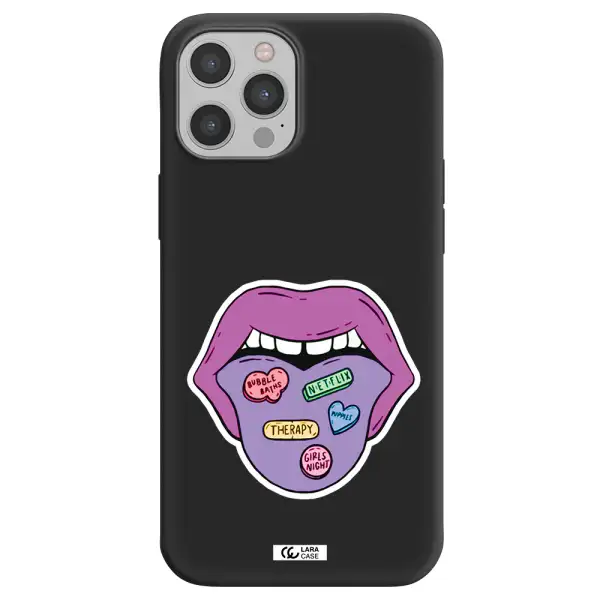a purple lips with different colored hearts on it Apple iPhone 12 pro Silicone black Case