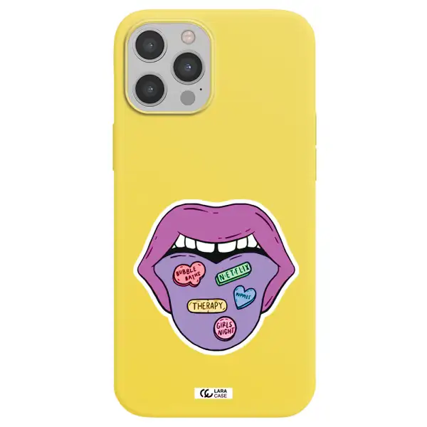 a purple lips with different colored hearts on it Apple iPhone 12 pro Silicone canary yellow Case
