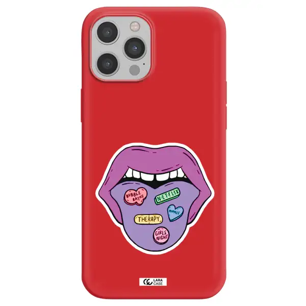 a purple lips with different colored hearts on it Apple iPhone 12 pro Silicone Imperial Red Case