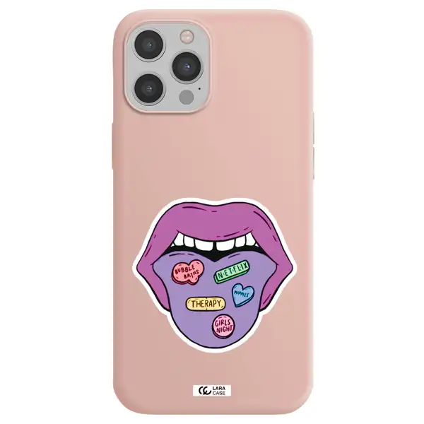 a purple lips with different colored hearts on it Apple iPhone 12 pro Silicone pastel pink Case
