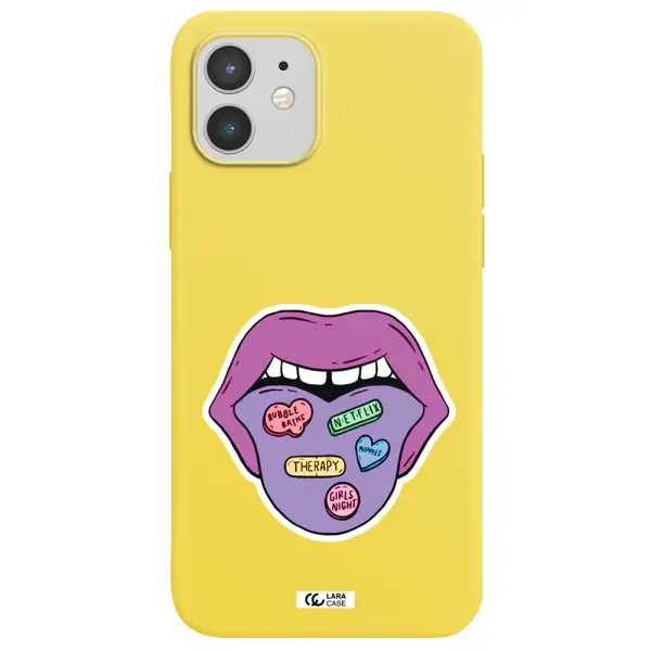 a purple lips with different colored hearts on it Apple iPhone 12 Silicone canary yellow Case