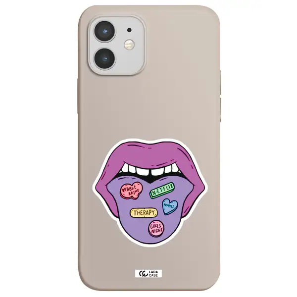 a purple lips with different colored hearts on it Apple iPhone 12 Silicone Stone Case