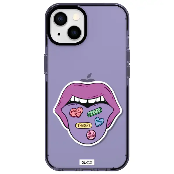 a purple lips with different colored hearts on it Apple iPhone 13 impact Lilac Case