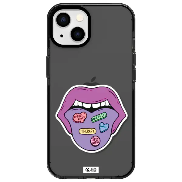 a purple lips with different colored hearts on it Apple iPhone 13 impact Smoke Black Case