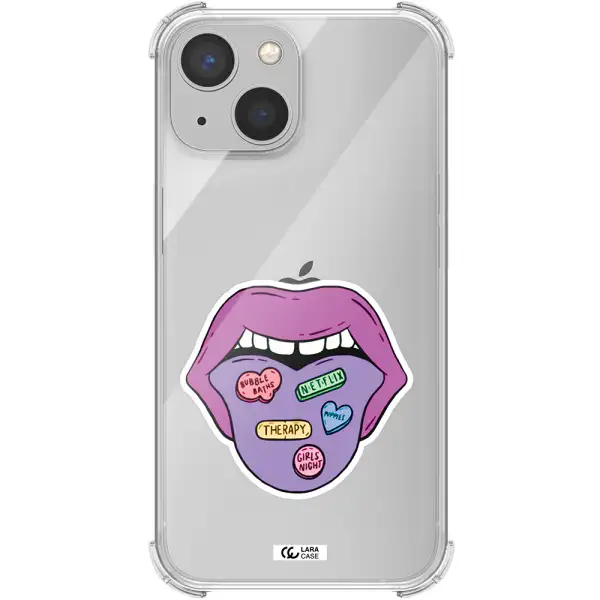a purple lips with different colored hearts on it Apple iPhone 13 mini Clear PC Case