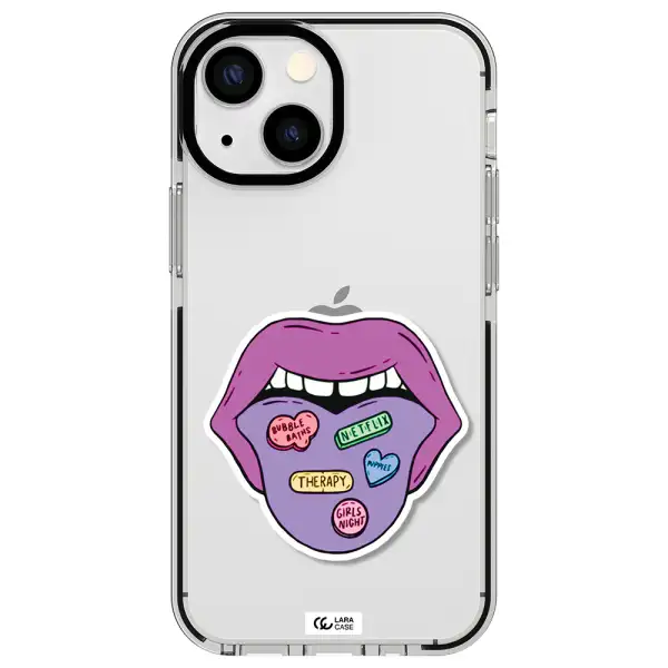a purple lips with different colored hearts on it Apple iPhone 13 mini impact black border Case