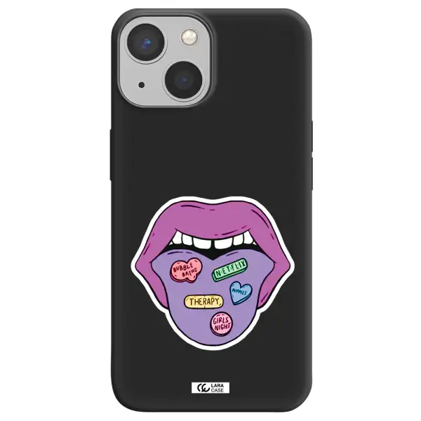 a purple lips with different colored hearts on it Apple iPhone 13 mini Silicone black Case