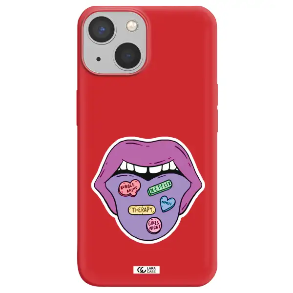 a purple lips with different colored hearts on it Apple iPhone 13 mini Silicone Imperial Red Case