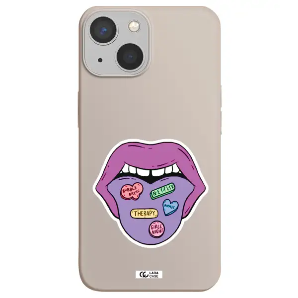 a purple lips with different colored hearts on it Apple iPhone 13 mini Silicone Stone Case