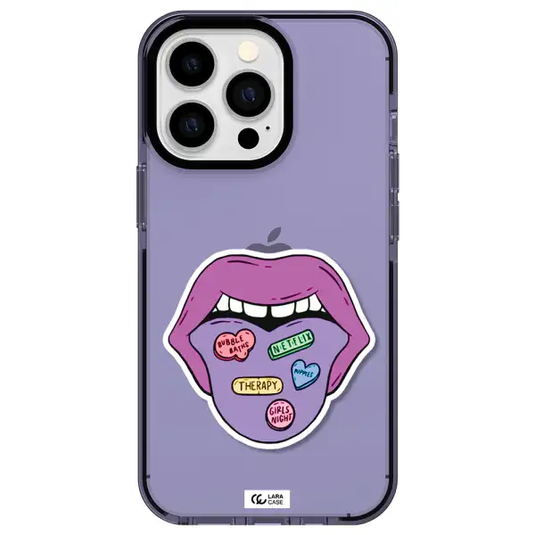 a purple lips with different colored hearts on it Apple iPhone 13 Pro impact Lilac Case