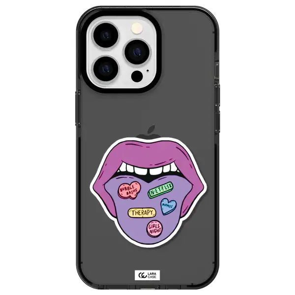 a purple lips with different colored hearts on it Apple iPhone 13 Pro impact Smoke Black Case