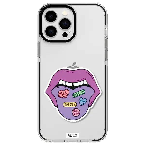 a purple lips with different colored hearts on it Apple iPhone 13 Pro Max impact black border Case