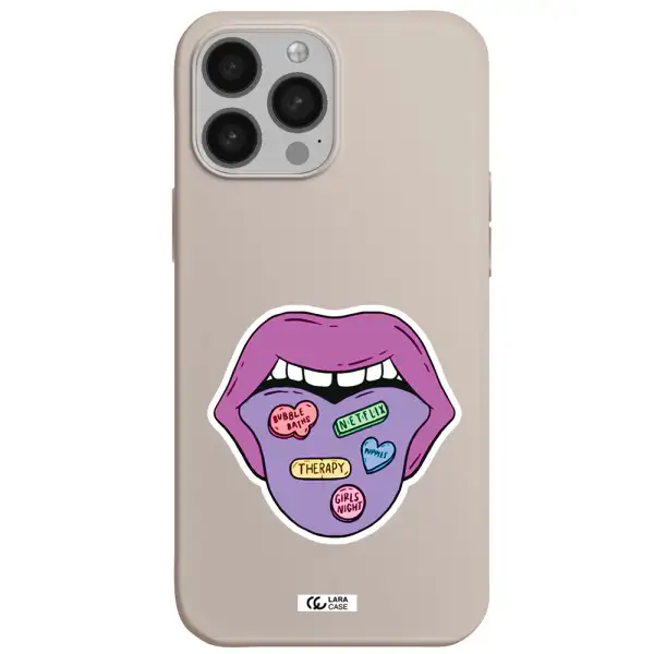 a purple lips with different colored hearts on it Apple iPhone 13 Pro Max Silicone Stone Case