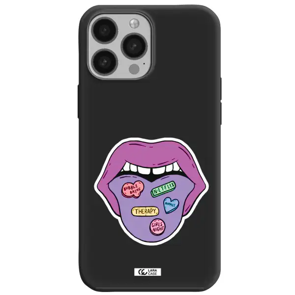 a purple lips with different colored hearts on it Apple iPhone 13 Pro Silicone black Case