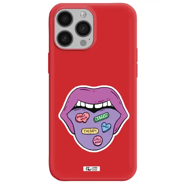 a purple lips with different colored hearts on it Apple iPhone 13 Pro Silicone Imperial Red Case
