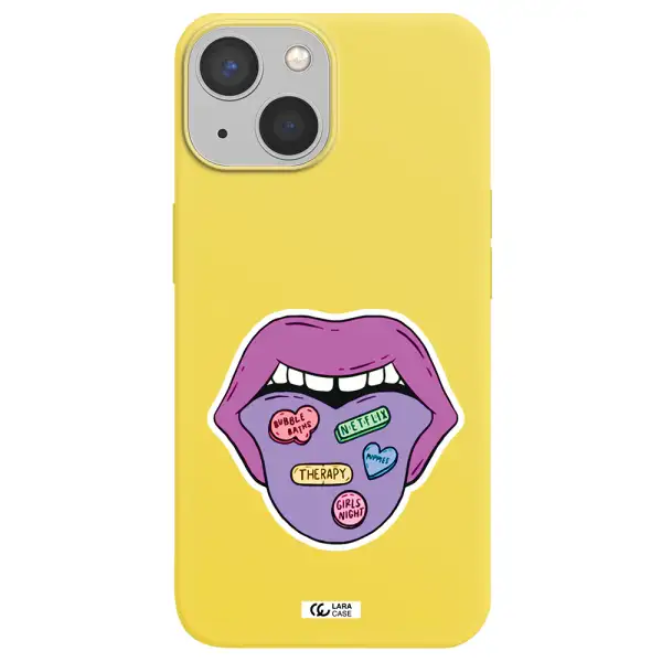 a purple lips with different colored hearts on it Apple iPhone 13 Silicone canary yellow Case
