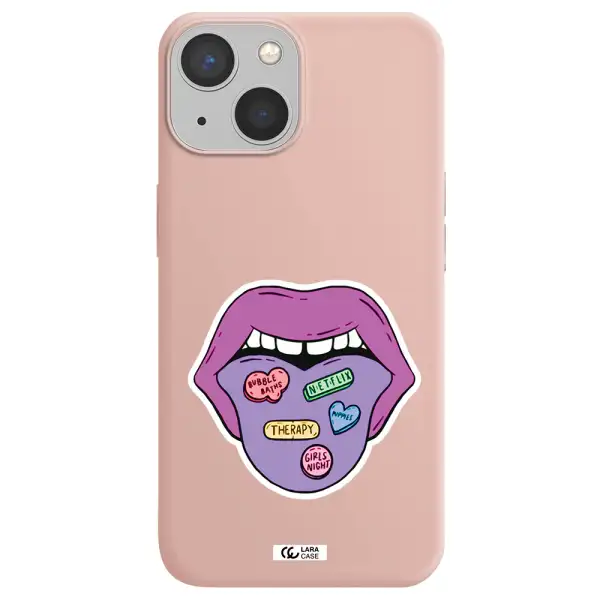 a purple lips with different colored hearts on it Apple iPhone 13 Silicone pastel pink Case