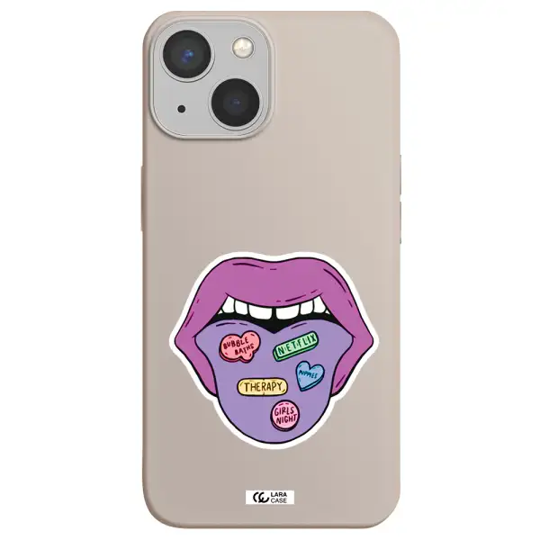 a purple lips with different colored hearts on it Apple iPhone 13 Silicone Stone Case