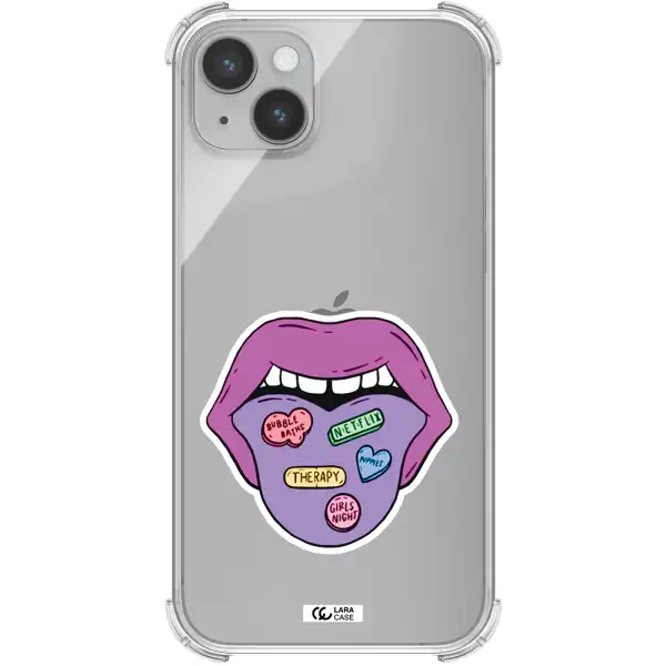 a purple lips with different colored hearts on it Apple iPhone 14 Clear PC Case