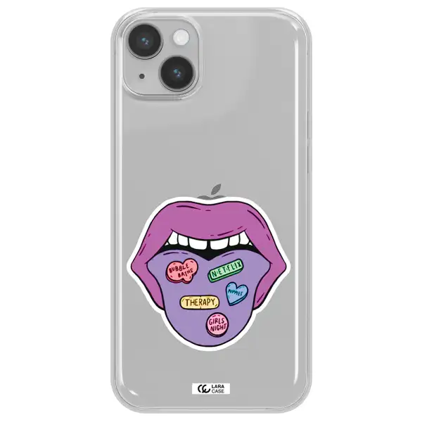a purple lips with different colored hearts on it Apple iPhone 14 Clear TPU Case