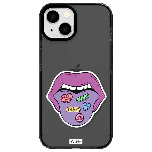 a purple lips with different colored hearts on it Apple iPhone 14 impact Smoke Black Case