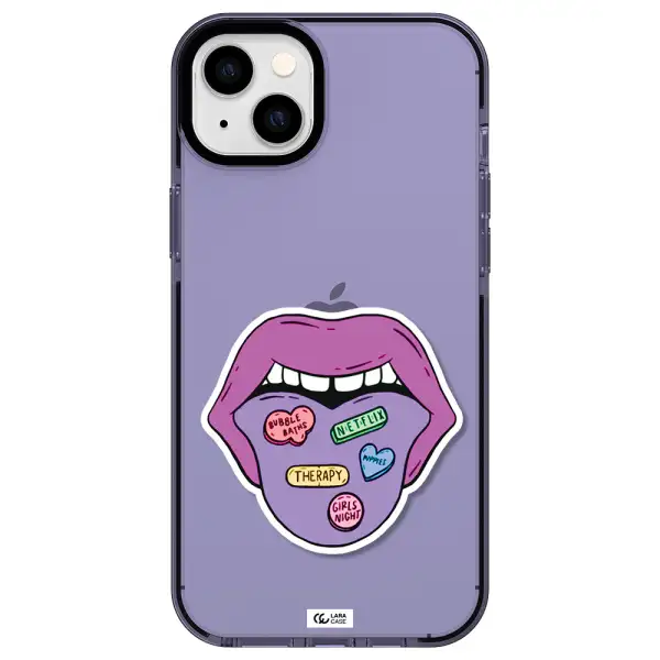 a purple lips with different colored hearts on it Apple iPhone 14 plus impact Lilac Case
