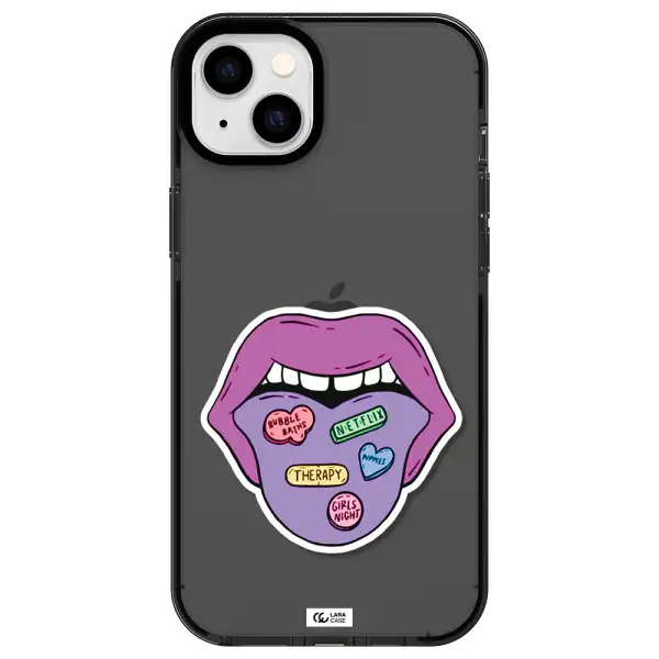 a purple lips with different colored hearts on it Apple iPhone 14 plus impact Smoke Black Case