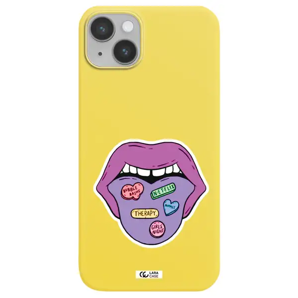 a purple lips with different colored hearts on it Apple iPhone 14 plus Silicone canary yellow Case
