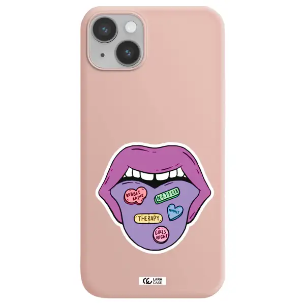 a purple lips with different colored hearts on it Apple iPhone 14 plus Silicone pastel pink Case