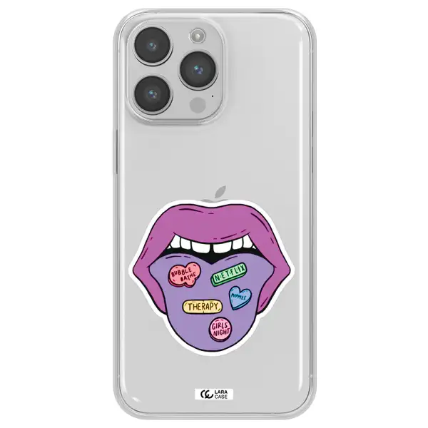 a purple lips with different colored hearts on it Apple iPhone 14 pro Clear TPU Case