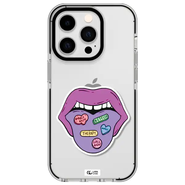 a purple lips with different colored hearts on it Apple iPhone 14 pro impact black border Case